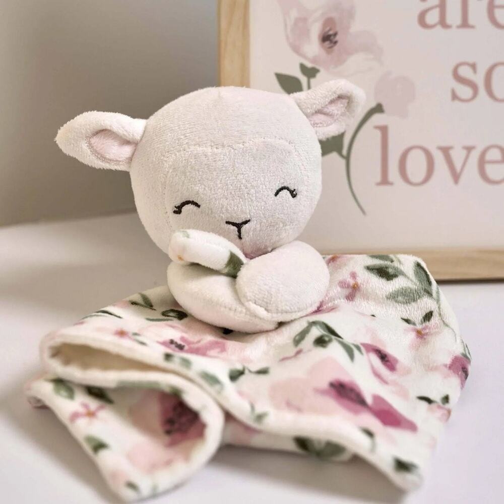 Modern‎ Moments Lamb Lovey Security Blanket Pink White Girl Floral Plush 12"